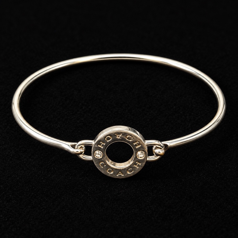 Coach Open Circle Bangle Bracelet Silver Tone Crystal Logo Embossed 2.5 Diameter